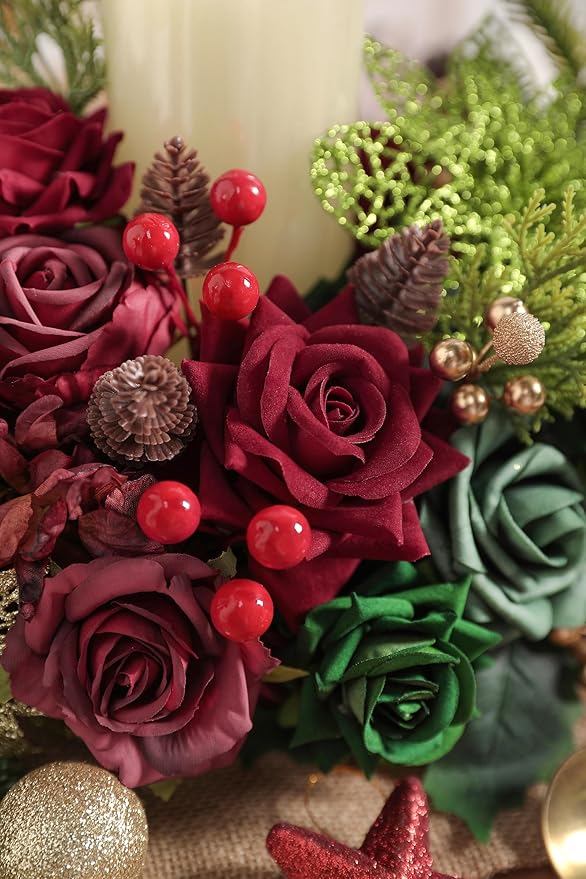 YYHUAWU Christmas Flowers Artificial,Poinsettias Artificial Christmas Flowers and Mix Silk Flowers Fake Roses Combo for DIY Wedding Bridal Bouquet, Centerpieces, Home, Floral Arrangement Decor, etc.