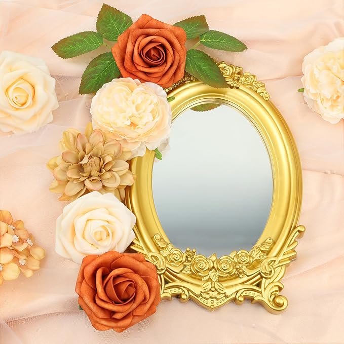 SITUMEIZI Roses Artificial Flowers Combo Orange Flowers Mix Silk Foam Flowers Peony Dahlia with Stems for DIY Bridal Wedding Bouquet Baby Shower Party Home Decor Floral Arrangements 27pcs