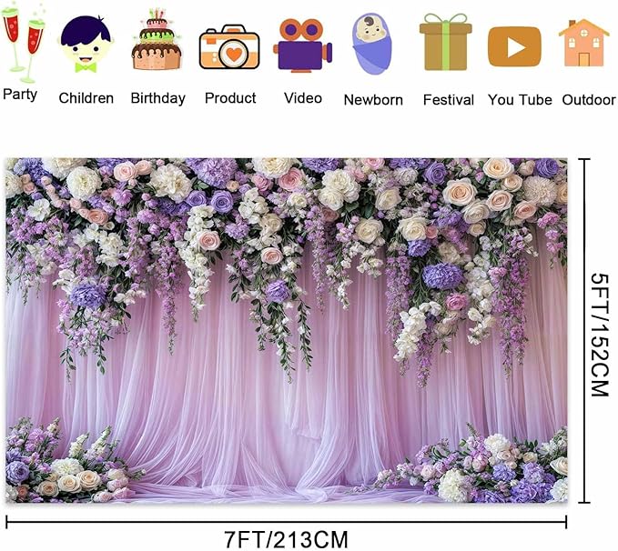 15x10ft Purple Lavender Floral Bridal Backdrop Wedding Flower Photography Backdrop for Girl Portrait Baby Shower Birthday Party Decor Banner Mother's Day Party Wall Backdrop Studio Photo Backgrounds