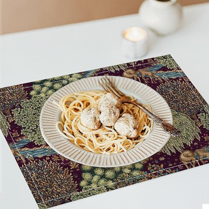 William Morris Flower Placemats Set of 6, Vintage Boho Floral Tree Plant Deers Woodland Animals Place Mats, Heat Resistant Non Slip Cotton Linen Dining Table Mats for Home Kitchen Party 18x12 Inch 1PC