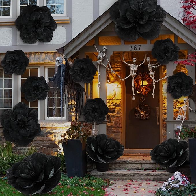 Giant Paper Flowers Artificial Large Paper Flower Decoration for Handcrafted Wall Backdrop Christmas Mexican Wedding Graduation Bridal Shower Birthday Party Supplies(Black,24 Pcs)