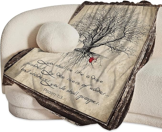 Christian Bible Tree of Life Throw Blanket - Religious Gifts and Decor for Women Men Adults - Soft Warm Cozy Fleece for Couch Sofa Bed 60"x50"