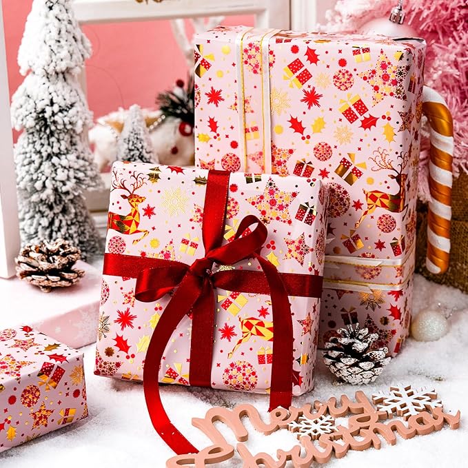 Yarcony Pink Christmas Gift Wrapping Paper, Reindeer Wrapping Paper, Elegant Vintage Pink and Gold Deer Girls Holiday Gift Wrap with Metallic Shine for Christmas Presents, Party (17Inch x 33Feet)