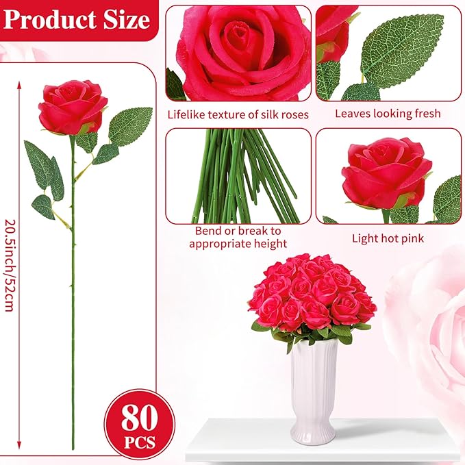 80 Pcs Roses Artificial Flowers, Silk Red Artificial Flowers Petals Long Stem Roses for Wedding Bouquet Home Party Decor