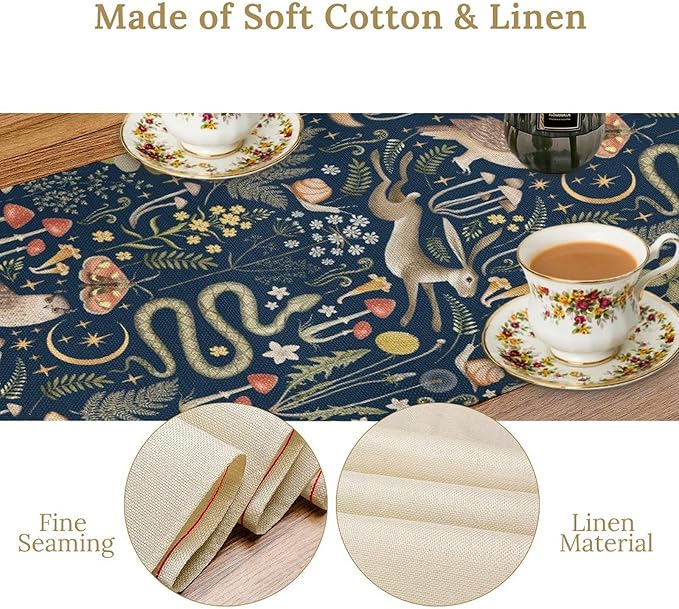 Fairy Forest Table Runner, Rustic Retro Woodland Wildlife Owl Squirrel Flowers Mushroom Seasonal Holiday Kitchen Dining Coffee Table Decoration For Home Indoor Outdoor Party Wedding, 13x70inch