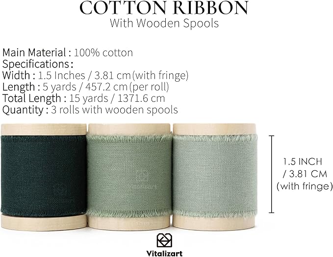 Vitalizart Green Ribbon 1-1/2" x 15 Yd 100% Cotton Handmade Frayed Fringe Fabric Ribbons for Gift Wrapping Wedding Invites Bridal Shower Bouquets Christmas Decorations