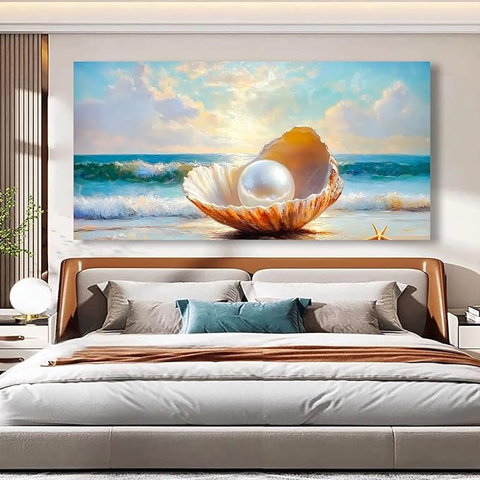 Seashells Pearls Pictures Canvas Wall Art Living Room Office Bedroom Wall Decor Sea Landscape Wall Art Prints Modern Blue and White Landscape Artwork Waterproof Ready to Hang - 20x40 inches