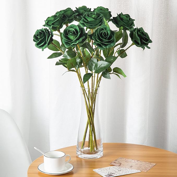 DuHouse 10pcs Fake Roses Artificial Silk Flowers Faux Rose Flower Long Stems Bouquet for Arrangement Wedding Centerpiece Party Home Kitchen Decor (Dark Green)