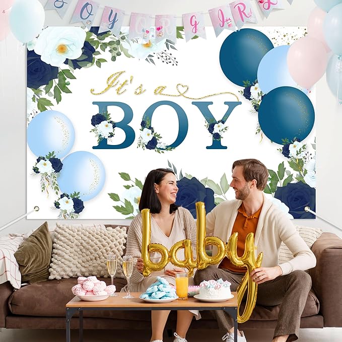 Floral It's a Boy Baby Shower Backdrop Banner Simple Style Flowers Theme Background Decor for Boys Newborn Baby Shower Party Decorations Photo Studio Props Supplies 72x43in-BECKTEN