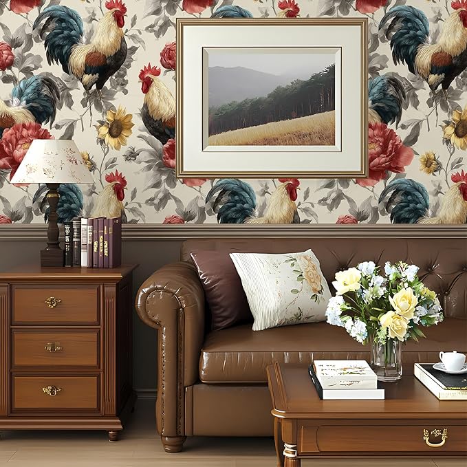 Floral Peel and Stick Vintage Animal Contact Paper Sunflower Rooster Removable Botanical Leaf Wallpaper 17.7" x 236.22" Wall Paper Watercolor Self Adhesive for Farm Bedroom laundry room bathroom