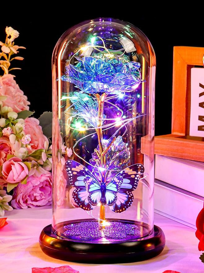 Pusuny Christmas Rose Gifts for Women Galaxy Glass Rose Forever Eternal Crystal Flower Birthday Gift Light Up Roses in Glass Dome with Butterfly Xmas Gifts for Women Mom Grandma Wife Her Sister Blue