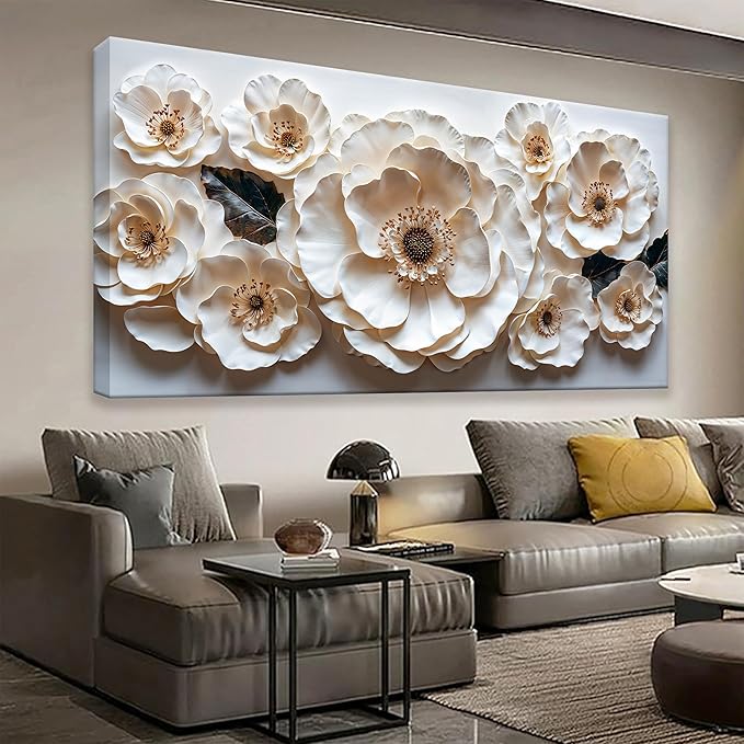 Floral Wall Art For Living Room Modern White Wall Decor Prints Artwork Canvas Art Wall Decor Painting White Flower Wall Art Picture For Bedroom Apartment Home Artwork 24 X 48 Inch