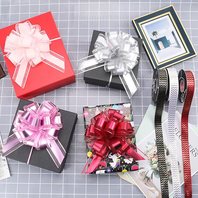 12 Pieces Pull Bow Wrapping Pull Bow Ribbon Pull Bows for Wedding Baskets,6 Inches Diameter Gift Bows, Large Bows for Presents. (Silver)