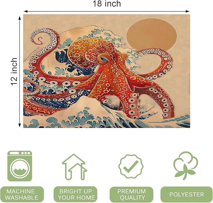 Retro Octopus Placemats Set of 6 Washable Table Vintage Japanese Wave Heat-Resistant Cotton Linen Place Mats for Dining Table Kitchen Indoor Outdoor Party Holiday Decor