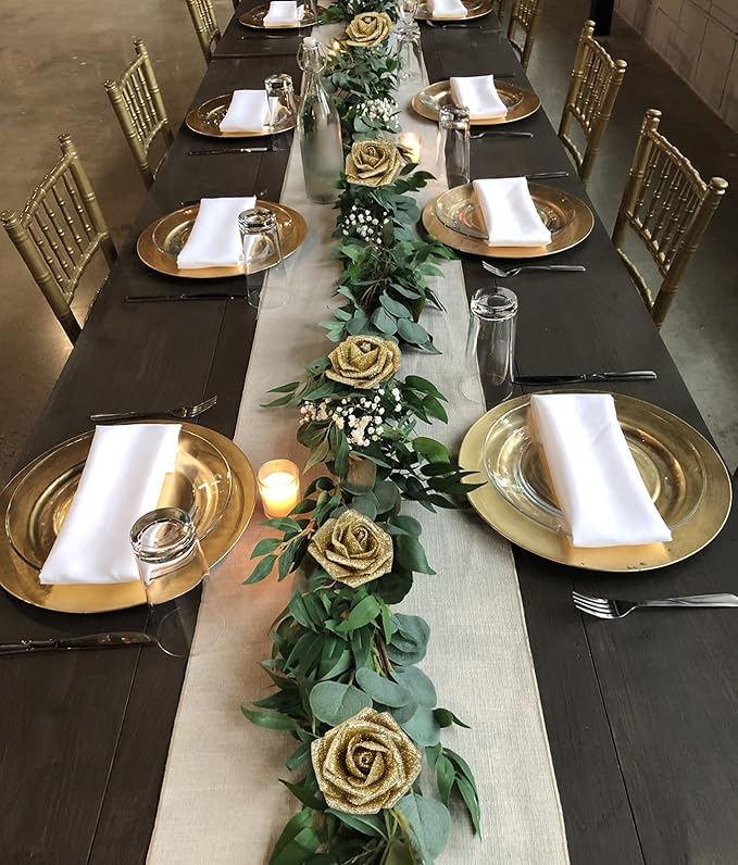 Gold Glitter Roses 30pcs Gold Roses 2.56" Glitter Flowers Artificial Roses with Stems for Centerpieces Wall Decorations Wedding Ceremony Bridal Shower Table Floral Arrangement (Gold)