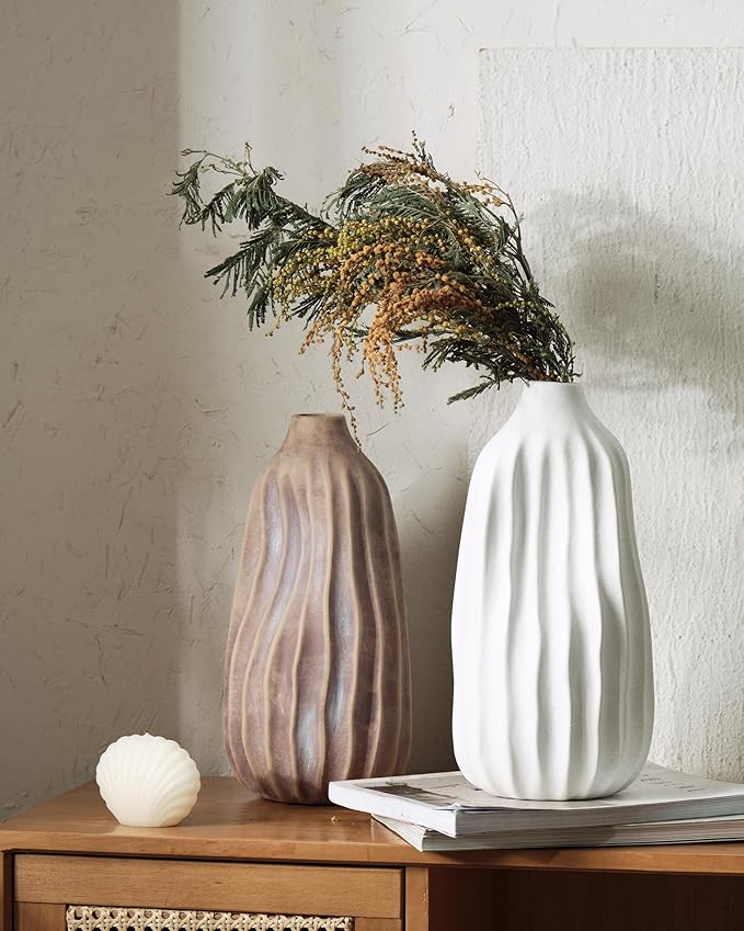 Ceramic Rustic Vase for Decor - 8.4Inch Farmhouse Vases - Decorative Vase for Home Decor, Living Room, Table, Boho - Shell White