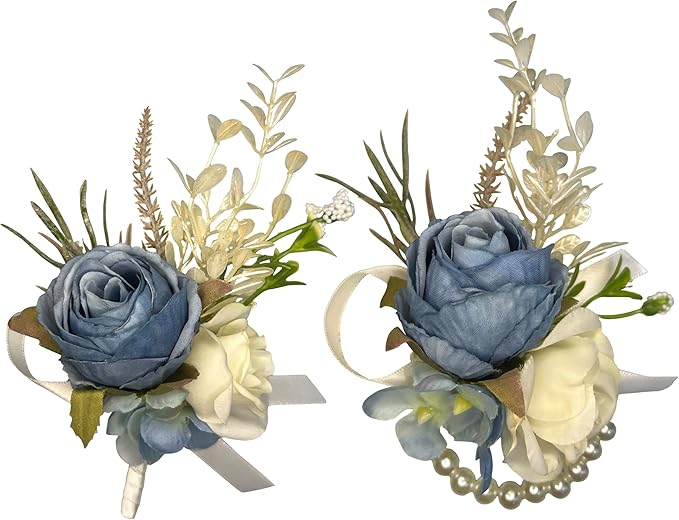 Corsage and Boutonniere Set Corsage Wistlet Dusty Blue Corsage Wrist Artificial Flower Perfert for Proms | Weddings for Bride,Bridesmaids, Groom,Groomsmen Decor (Dusty Blue)