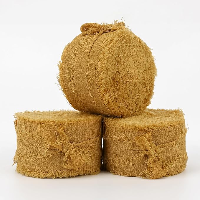 MEEDEE Ginger Yellow Chiffon Ribbon 1 Inch Frayed Chiffon Silk Fringe Ribbon Thin Chiffon for Crafts, Gift Wrapping, Wedding Invitation (3 Rolls 21 Yards)