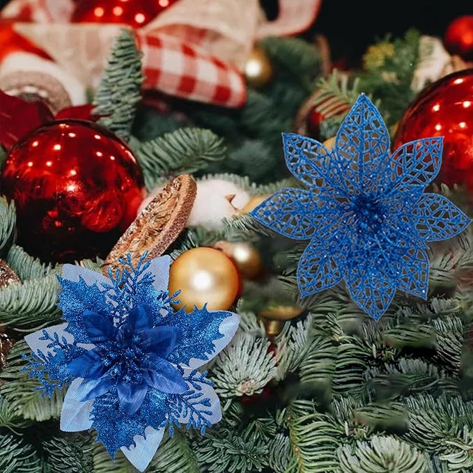 24Pcs Christmas Poinsettia Artificial Flowers and Glitter Berries Kit, 2 Styles Total 16Pcs Christmas Tree Flowers Ornaments, 8Pcs Christmas Tree Picks for Wedding Holiday Decorations, Baby Blue