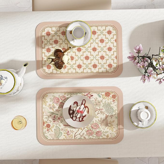 patdrea French Floral Bird Rectangular PVC Placemats, Pack of 6, Waterproof Insulation, Soft and Durable, Suitable for Dining Table, Kitchen and Coffee Table Decoration,12"*17"