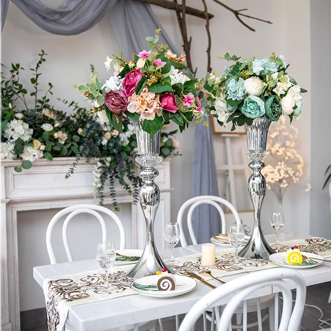 Metal Trumpet Wedding Flower Vases, 22" Tall Elegant Table Centerpiece Vases, Gold Flower Arrangement Stands for Anniversary Ceremony Birthday Party Event Wedding Home Decoration (Silver, 22"-2pcs)