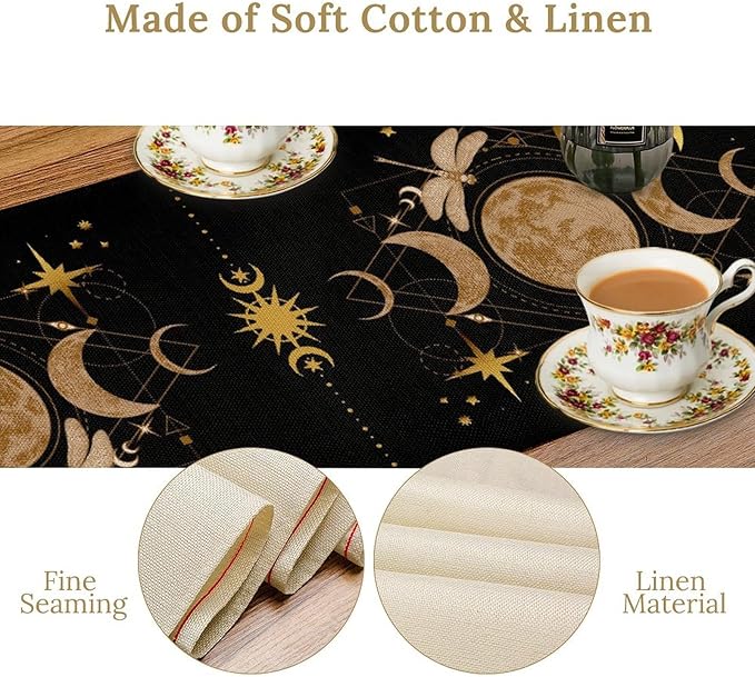 Gothic Moth Table Runner, Boho Floral Gothic Sun Moon Phase Mystical Witchy Starlight Coffee Table Center Decor for Home Kitchen Dining Patio Holiday Party Table Decorations 13x90 inches