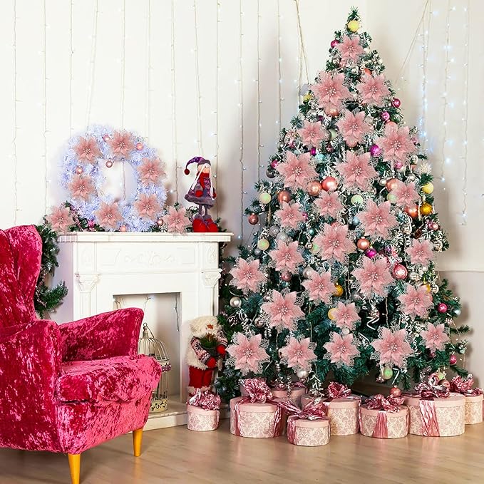Geosar 24 Pieces Christmas Glitter Poinsettia Flowers Layered Artificial Xmas Flowers Wedding Christmas Tree New Year Ornaments 3/4/6 Inch(Rose Gold)