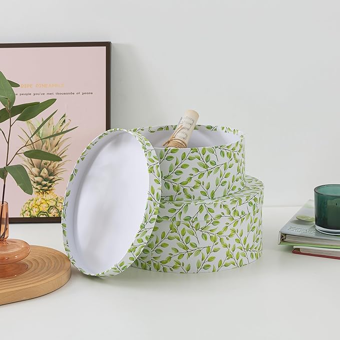 Soul & Lane Oblong Decorative Cardboard Storage Boxes with Lids, Set of 2 Botanical Green and White Keepsake Memory Boxes, Oval Nesting Paperboard Storage for Gifts, Lovely Leaves