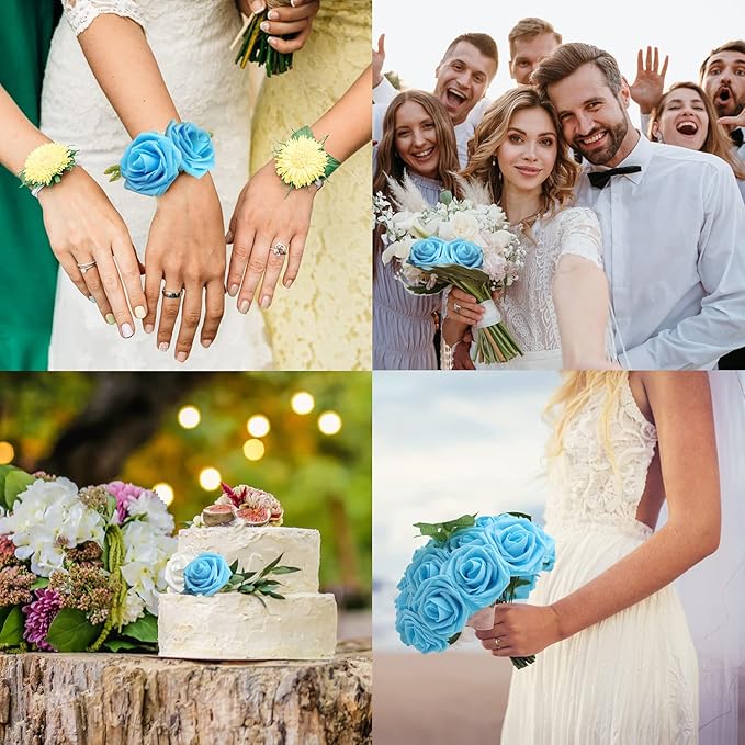 JOYLEX Artificial Flowers Realistic Roses, 25pcs Light Blue Real Looking Fake Roses with Stem for DIY Wedding Bouquets Centerpieces Bridal Shower Party Home Romantic Decorations (25pcs, Light Blue)