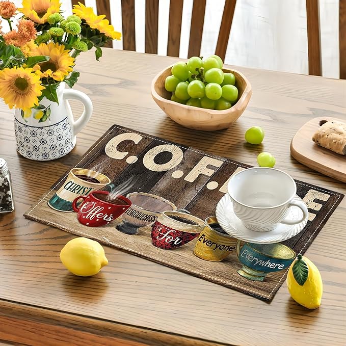Christian Coffee Placemats Set of 6 Coffee Table Mats Washable Place Mats for Home Party Indoor Kitchen Dining Table Decoration 12x18 Inch