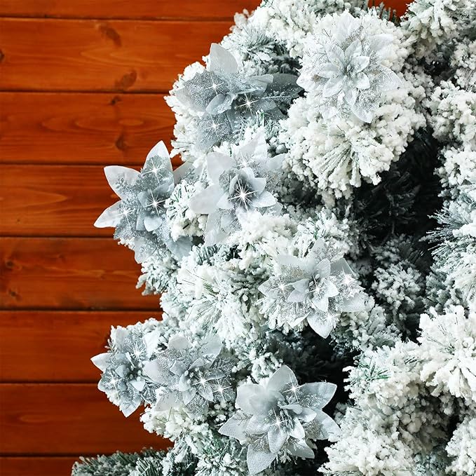 24 Christmas Glitter Artificial Poinsettia Flowers Xmas Poinsettia Artificial Wedding Flowers Decorations Xmas Tree Ornaments with Clips for Party Favors, 6 Inch, 4 Inch, 3 Inch (Silver)