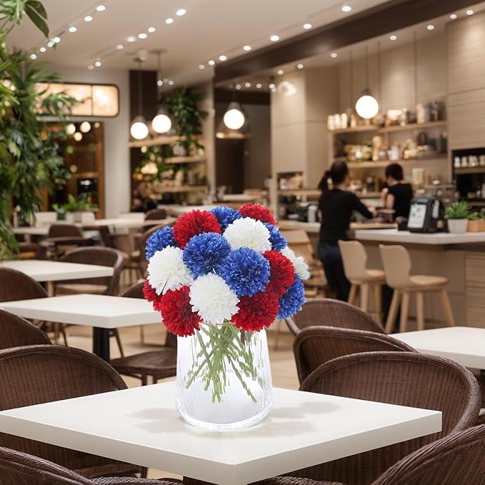 Kimura's Cabin 21Pcs Faux Chrysanthemum Flowers 4th of July Patriotic Flower Decor Artificial Mums Memorial Day Fake Ball Flower Home Event Table Centerpieces DIY Decoratio (Red White Blue