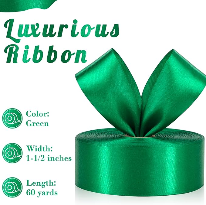 Green Ribbon 1-1/2 Inch, 60 Yards Solid Green Satin Ribbon for Gift Wrapping, Fabric Ribbon for Flower Bouquet Crafts Wedding Christmas Halloween