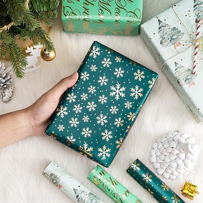 WRAPAHOLIC Christmas Wrapping Paper - 3 Rolls, 17 Inch X 120 Inch Each - Green Foil Christmas Tree, Snowflake Designs with Metallic Shine - Perfect for Christmas, Holiday