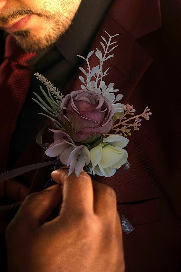 Corsage and Boutonniere Set Corsage Wistlet Dusty Red Corsage Wrist Artificial Flower Perfert for Proms | Weddings for Bride,Bridesmaids, Groom,Groomsmen Decor (Dusty Red)
