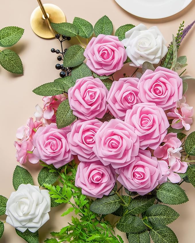 DuHouse 25Pcs Artificial Roses Flowers Fake Roses with Stems Real Touch Foam Flowers for DIY Wedding Bouquet Baby Shower Centerpiece Floral Arrangement Party Home Decor(Pink)