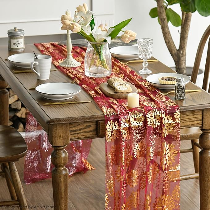 Artoid Mode 3PCS Red Gold Dahlia Flower Gauze Table Runner 120 Inch 10FT, Glitter Metallic Foil Seasonal Sheer Dining Holiday Table Decor for Home Party
