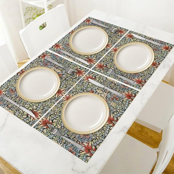 Vintage Flower Placemats Set of 6, William Morris Retro Boho Botanical Plant Place Mats, Heat Resistant Non Slip Cotton Linen Dining Table Mats for Home Kitchen Party 18x12 Inch