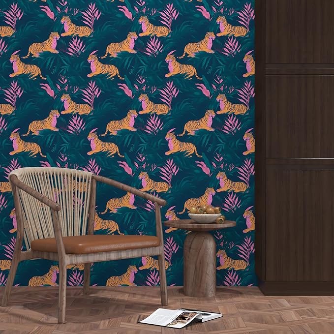 Tiger Wallpaper Peel and Stick Jungle Tropical Contact Paper Vintage Renter Friendly Wall Paper for Drawer Bedroom Bathroom Removable 17.5 x 196.5In