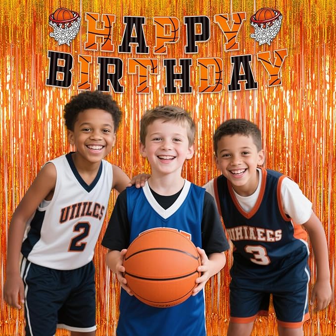Melsan Orange Tinsel Backdrop Curtains, 3.2ft x 8.2ft Sparkle Metallic Foil Fringe Curtain for Basketball Thanksgiving Halloween Birthday Party Decorations, 2 Packs