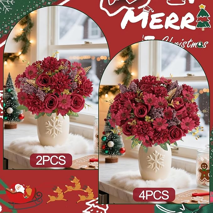 Dremisland Artificial Christmas Flowers Like Real Artificial Bouquet 2 Packs Silk Artificial Roses Bouquet with Daisy Chrysanthemum Burgundy Flowers for Christmas Centerpiece Table Home Decor