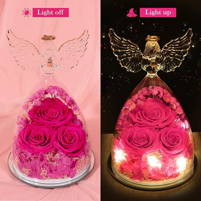 Preserved Flower Rose Gifts for Women, Forever Eternal Fresh Flowers in Glass Angel Figurines Flowers for Delivery Prime for Grandma Mom from Daughter Sister Her Wife on Mothers Day Birthday Christmas