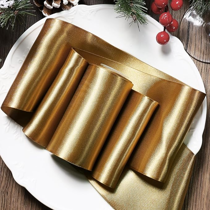 LaRibbons Pale Gold Satin Ribbon 3 Inch 10 Yards Double Faced Luxury Pale Gold Silk Ribbon for Gift Wrapping Flower Bouquets Bow Christmas Wedding Party Decoration
