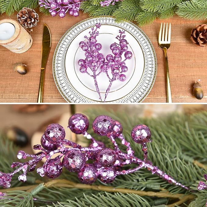 Lvydec 16pcs Christmas Glitter Berry Stems Clearance, 7.8" Artificial Christmas Picks for Christmas Tree Ornaments, DIY Xmas Wreath, Crafts, Holiday and Home Decor (Light Purple)