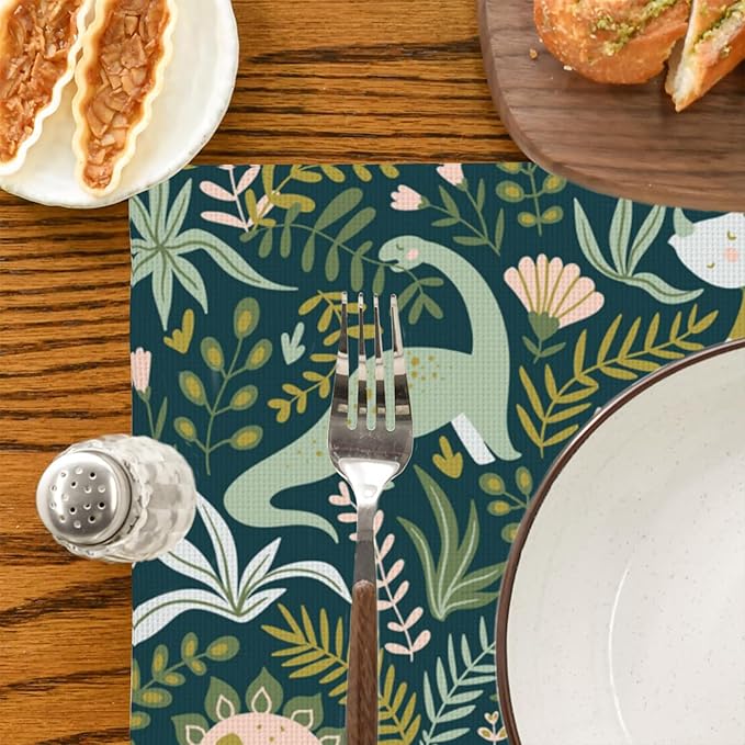 Placemats Set of 4 Dinosaurs and Tropical Leaves Dining Place Mats Linen Table Mat for Farmhouse Home Kitchen Decor 12 X 18 Inch