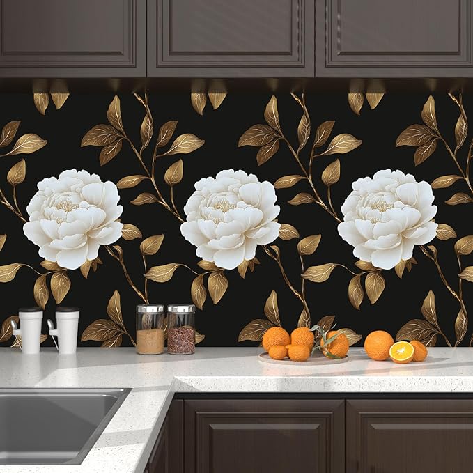 Black Golden Floral Wallpaper Peel and Stick Flowers Contact Paper 17.5in x 118in Vintage Leaf Wall paper Vinyl Waterproof Self Adhesive Dark Botanical Walls Murals for room Cabinet Table Drawer Decor