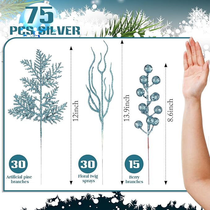 75 Pcs Christmas Glitter Branches 3 Styles Artificial Christmas Picks Berries Stems Pine Needles Floral Twig Spray for Xmas Tree Ornaments DIY Wreath Garland(Lake Blue)