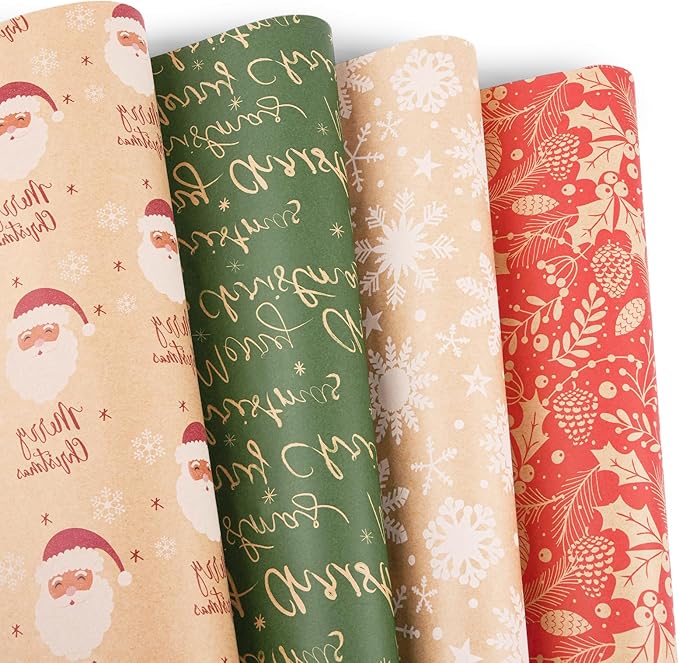 Happypapa Christmas Wrapping Paper, Kraft Xmas Wrapping Paper Rolls - Santa Claus, Trees, Snowflakes and Merry Christmas Pattern - 4 Rolls - 17 Inch × 120 Inch Per Roll
