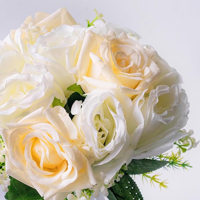 Wedding Bouquets for Bride - Realistic Silk Flowers Artificial Roses, 8 Inch Bridesmaid Bouquet for Ceremony, Church, Anniversary, and Home Decoration (White & Champagne)