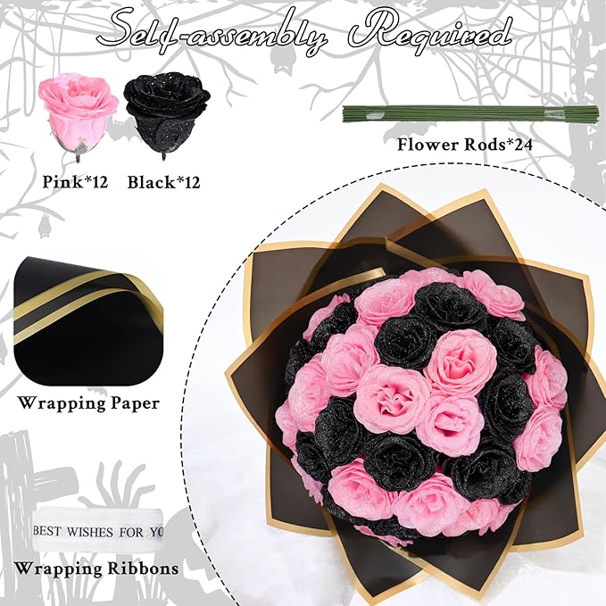 Waipfaru Glitter Roses Bouquet, DIY Black & Pink Halloween Flowers Bouquet, Artificial Fake Rose Bouquet for Halloween, Wedding, Anniversary, Engagement, 24 Rose